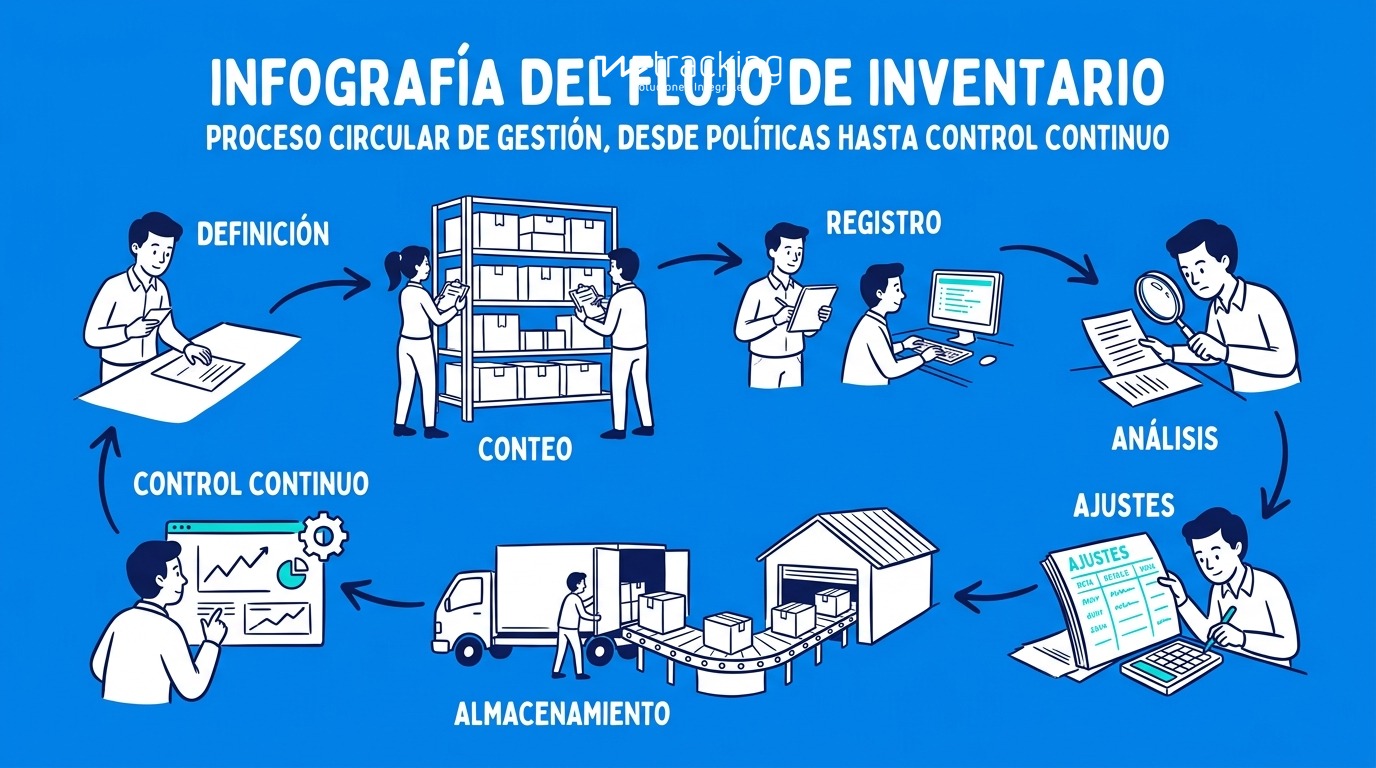 Infografía de flujo circular que ilustre las siete etapas del levantamiento de inventario: desde la definición de políticas hasta el ciclo de control continuo. Usar íconos simples por etapa y flechas de proceso. Paleta institucional, sin nombres de marcas.