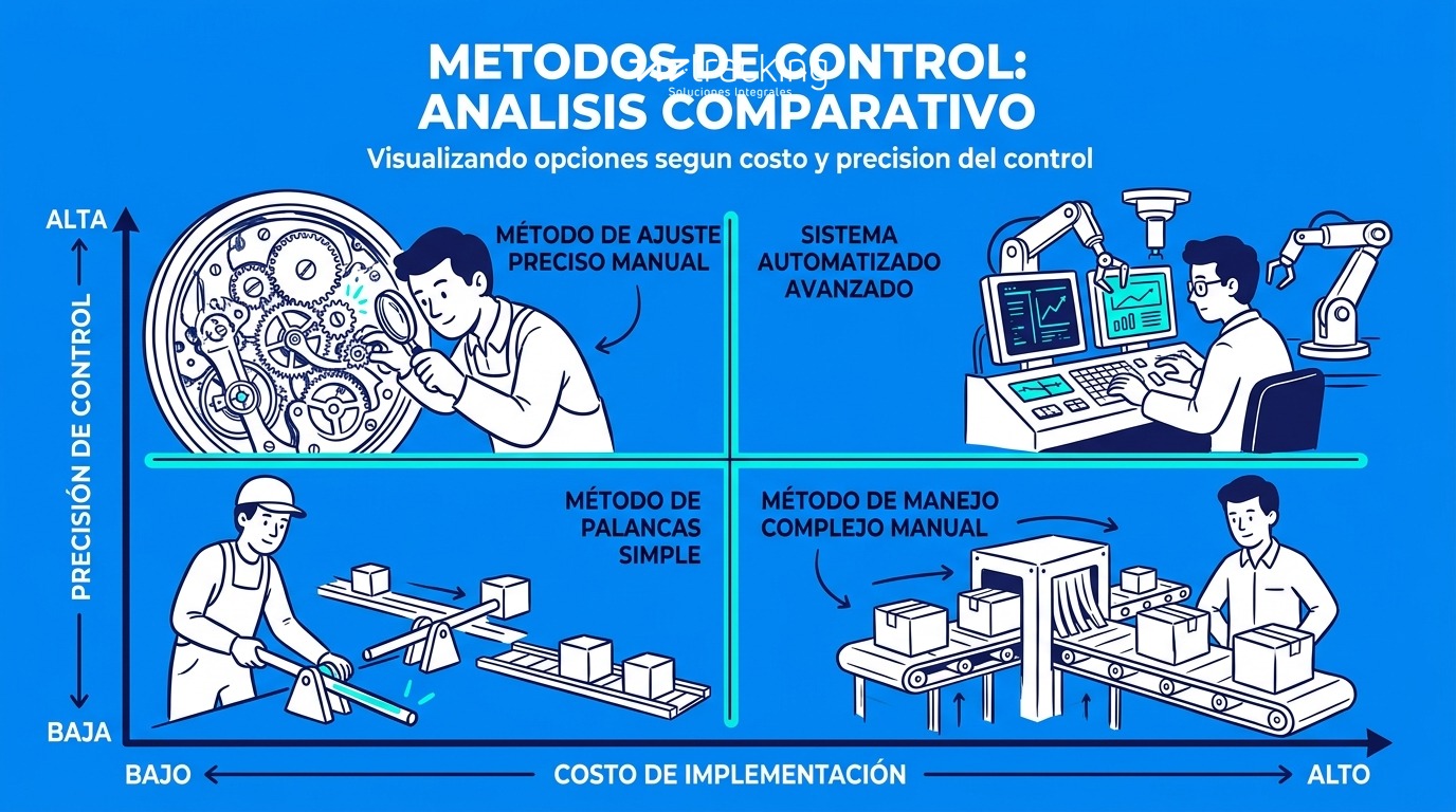 Diagrama comparativo visual tipo cuadrante que posicione los cuatro métodos según dos ejes: costo de implementación (bajo a alto) y precisión del control (baja a alta). Útil para que el lector identifique visualmente cuál método corresponde a su situación.