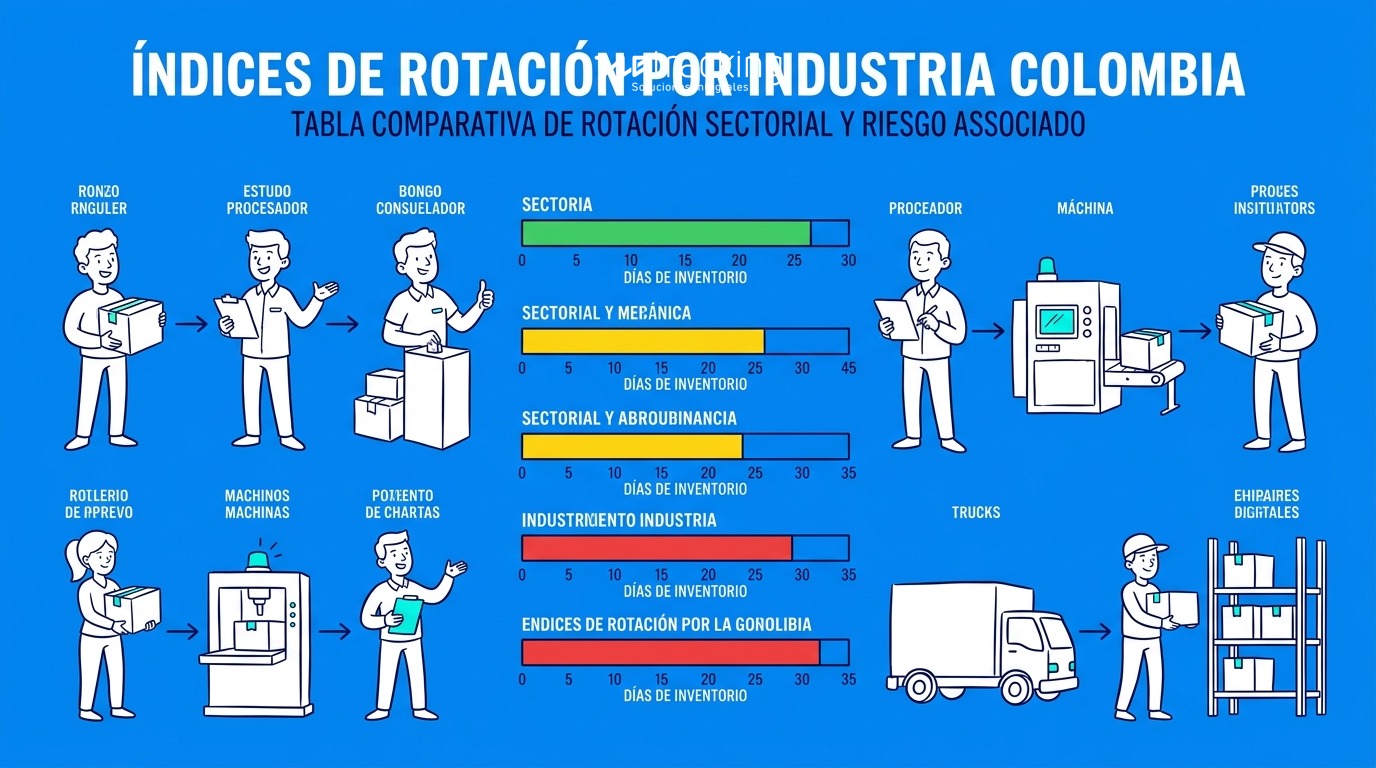 Infografía con tabla visual de índices de rotación por industria en Colombia: barras horizontales comparativas por sector con código de color según nivel de riesgo (verde, amarillo, rojo). Incluir escala de días de inventario debajo de cada barra.