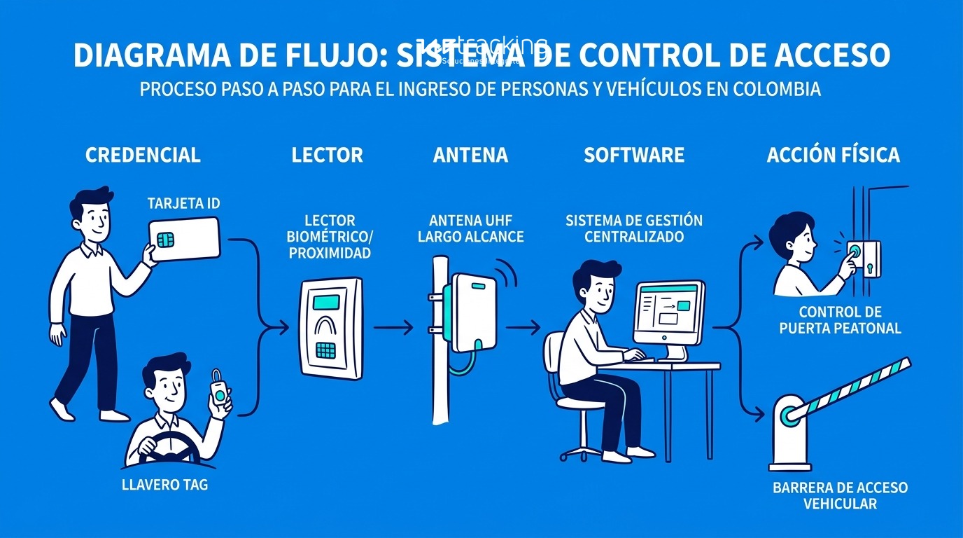 Diagrama de flujo ilustrando los 5 pasos del proceso: credencial, lector, antena, software y acción física. Incluir íconos diferenciados para acceso peatonal y vehicular. Versión adaptada al contexto colombiano con ejemplos de portería y barrera.