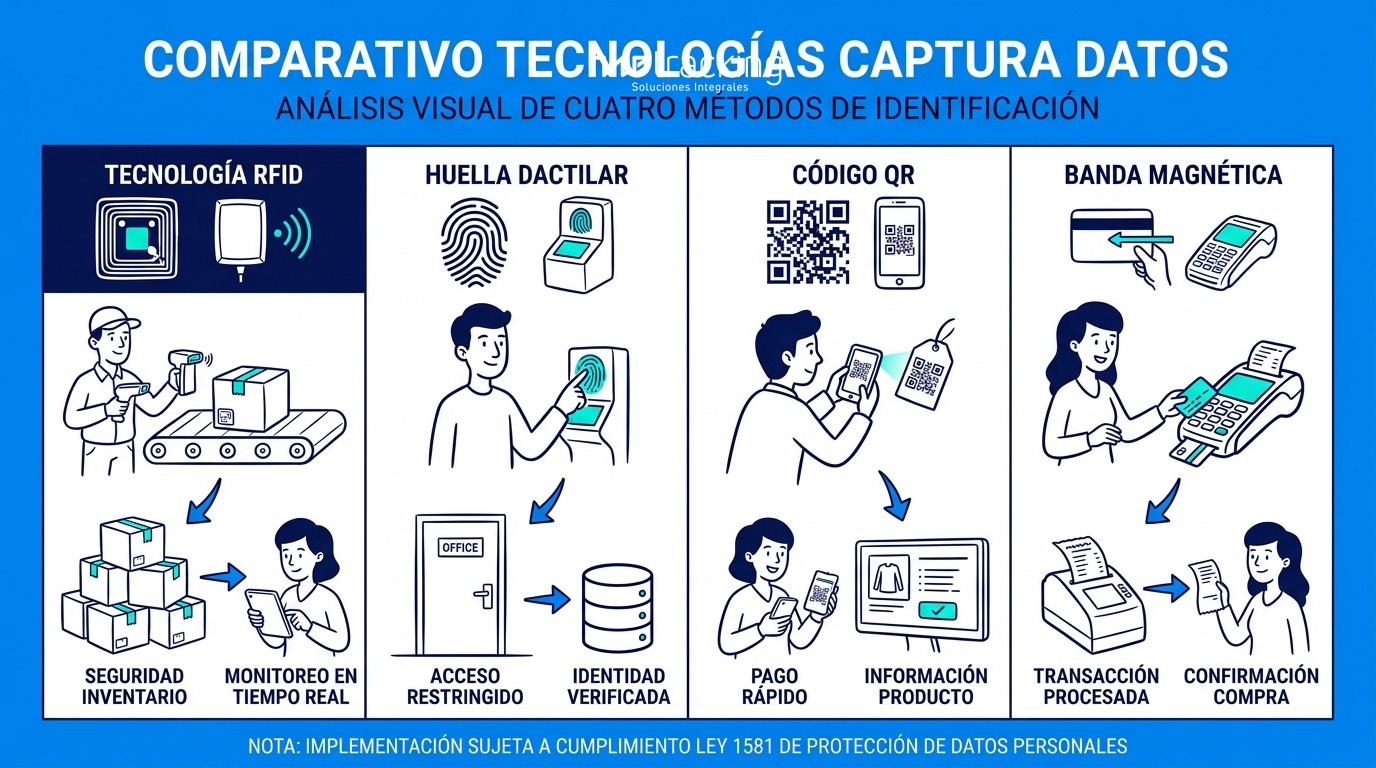 Infografía visual con las cuatro tecnologías lado a lado usando íconos representativos: chip RFID, huella dactilar, código QR y banda magnética. Destacar con color la columna RFID para guiar la lectura. Incluir nota sobre Ley 1581 en el pie de imagen.